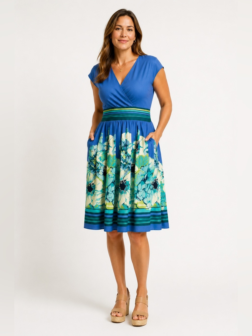 Liz Claiborne Blue Floral Midi Dress with Green Stripe Waist